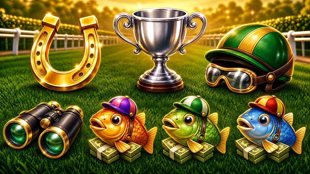 Big Bass Day at the Races Slot Review Not On Gamestop (2026) Big Bass Day at the Races symbols - horseshoe trophy and jockey cap fish at non Gamestop casinos